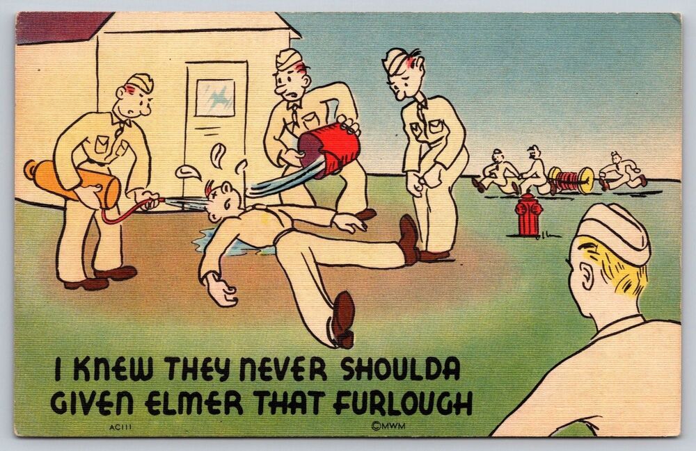 Vintage WWII Comic Postcard MWM AC111 Elmer Furlough Army Humor Unused Linen